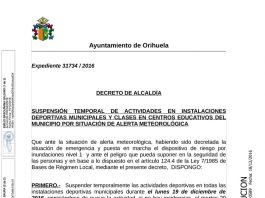 Decreto Alcaldía suspensión instalaciones deportivas y clases centros educativos