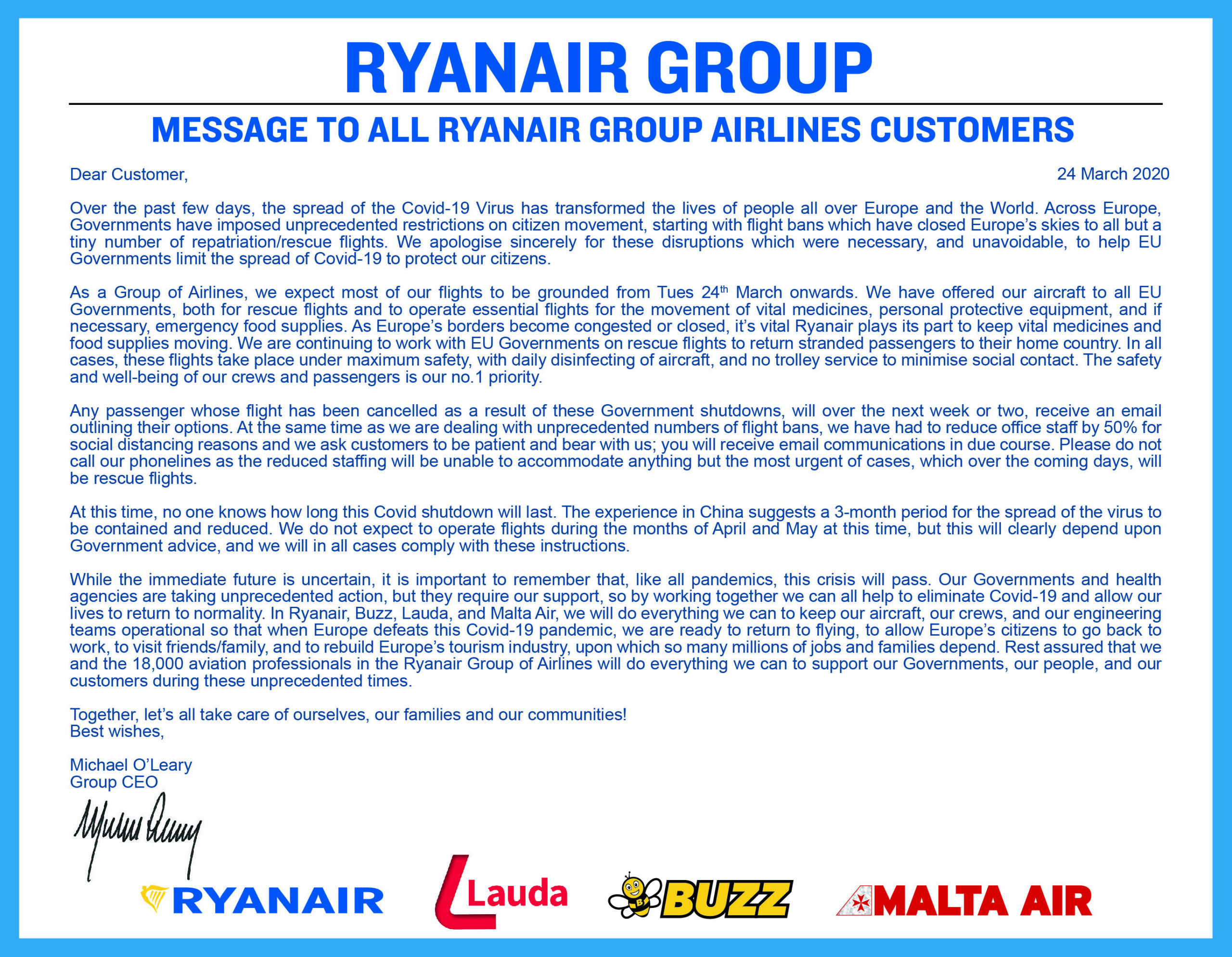 Ryanair closing down for almost 3 months