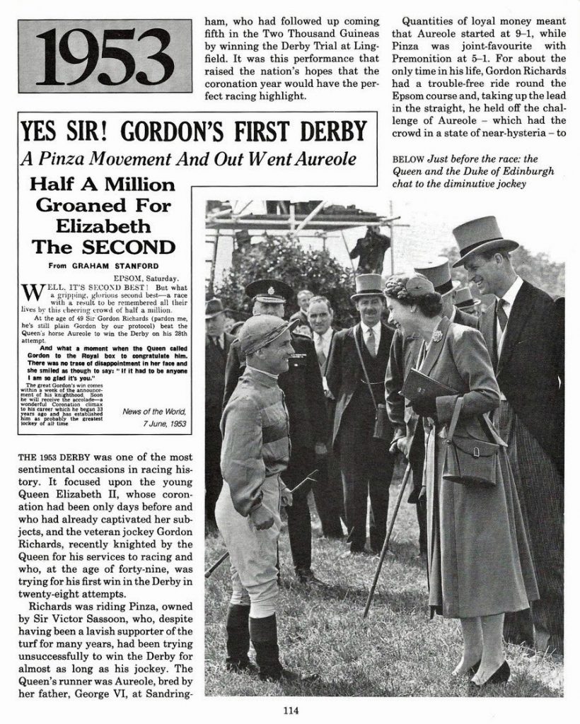 Sir Gordon Richards congratulated by The Queen after riding Pinza to victory in the 1953 Derby.