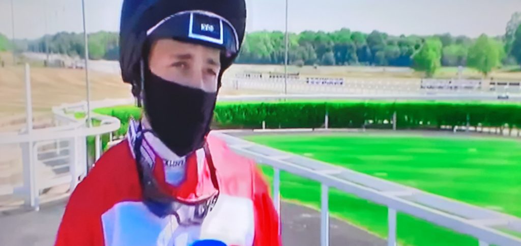 Masked-jockey Ben Robinson at Newcastle as racing returned on June 1, amid COVID-19 lockdown.