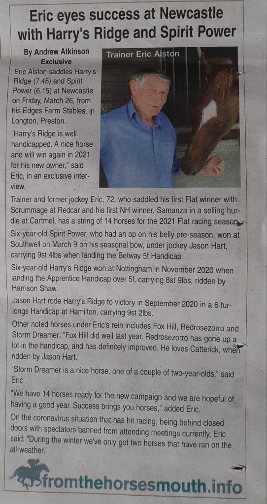 Harry's Ridge featured in the Leader and fromthehorsesmouth.info ahead of Newcastle win.