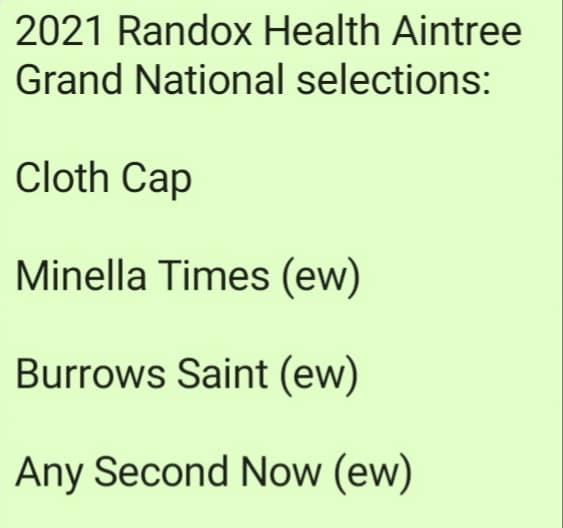 Aintree Grand National fromthehorsesmouth.info selections bore fruit: Minella Times 11-1 (1st), Any Second Now 15-2 (3rd), Burrows Saint 9-1 (4th).