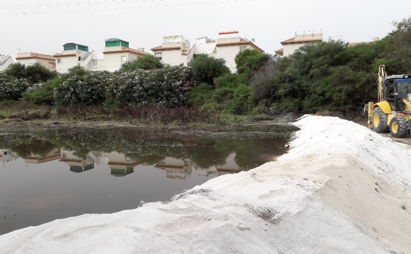 Barricade of sand which prevented major sewage spill reaching La Zenia beach